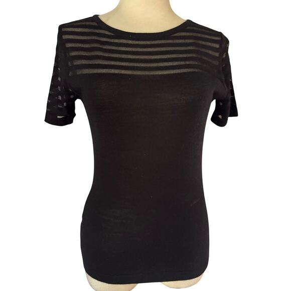 Cache Black Top Alternating Peek A Boo Sheer Stripe Shoulders Sleeves Stretch - Picture 2 of 4